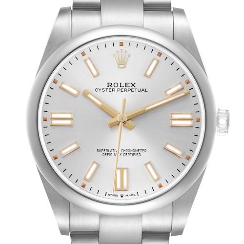 The Rolex Oyster Perpetual 124300 Men's Stainless Steel Silver Dial 124300 Men's Stainless Steel Silver Dial is shown from the front, displaying the dial, crown, bezel, and part of the bracelet.