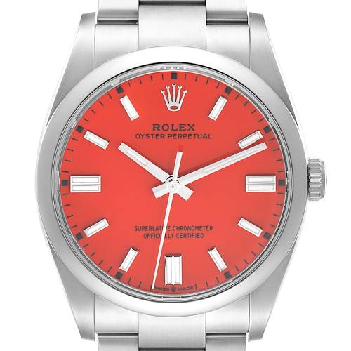 This is a front view of a Rolex Oyster Perpetual 126000 Men's Stainless Steel Red Dial 126000 Men's Stainless Steel Red Dial watch, showcasing the red dial, hands, and a segment of the bracelet.
