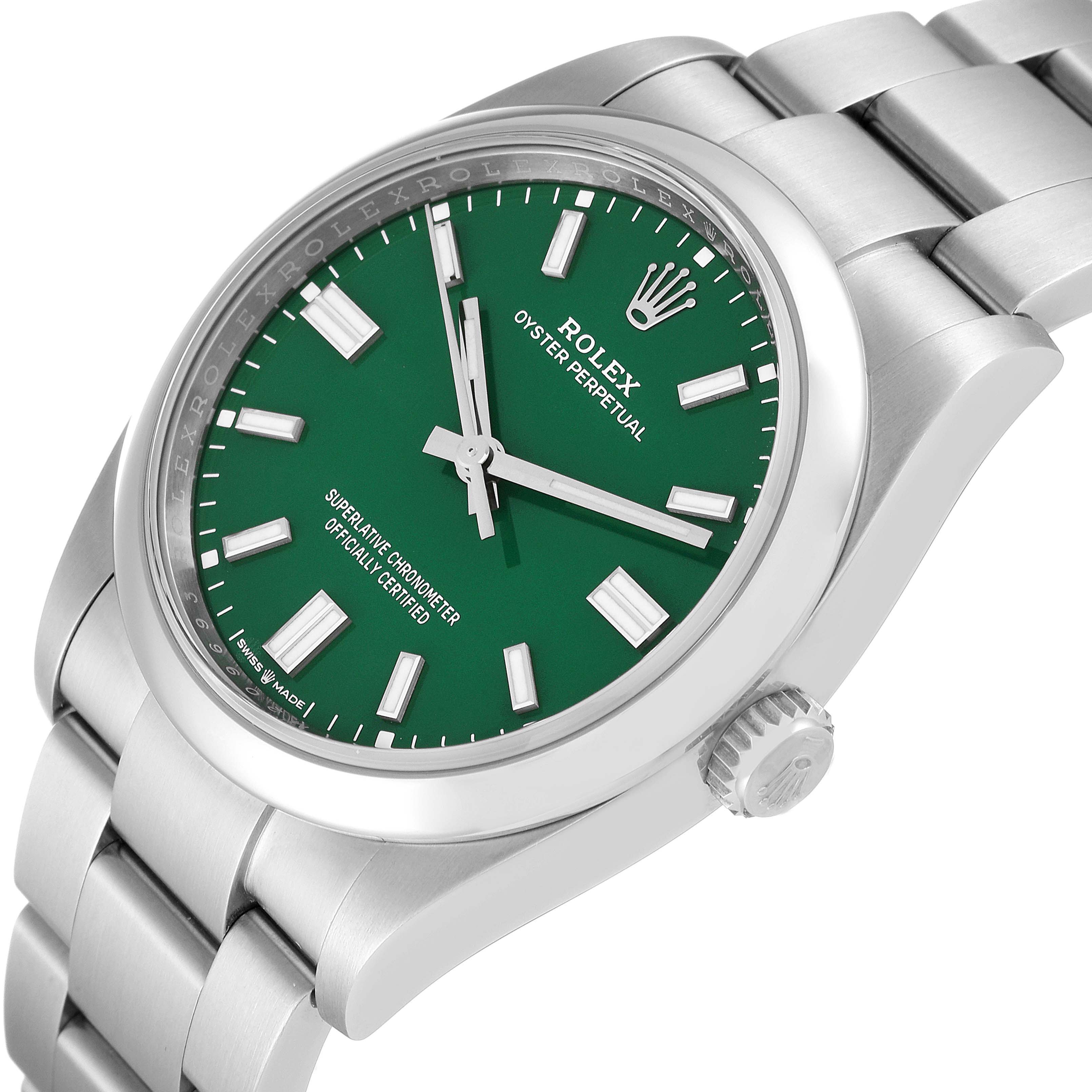 The image shows a side and front angle of the Rolex Oyster Perpetual 126000 Men's Stainless Steel Green Dial 126000 Men's Stainless Steel Green Dial watch, highlighting the green dial and stainless steel band.