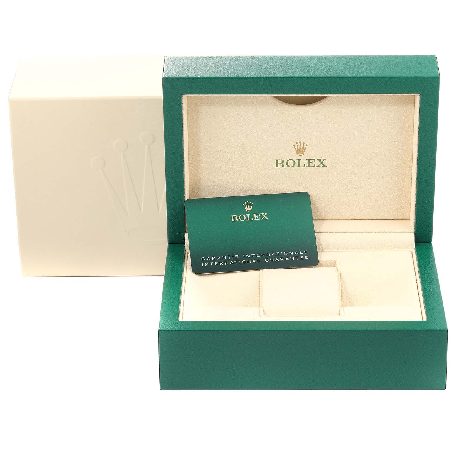 The image shows the packaging box and international guarantee card for a Rolex Oyster Perpetual 126000 Men's Stainless Steel Green Dial 126000 Men's Stainless Steel Green Dial watch.