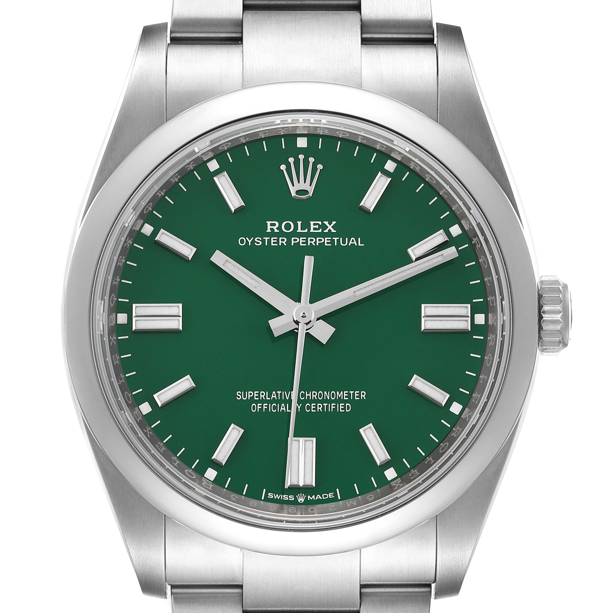 This image shows a front view of a Rolex Oyster Perpetual 126000 Men's Stainless Steel Green Dial 126000 Men's Stainless Steel Green Dial watch, displaying its green dial and stainless steel bracelet.