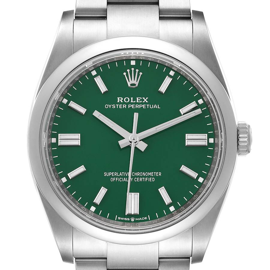 This image shows a front view of a Rolex Oyster Perpetual 126000 Men's Stainless Steel Green Dial 126000 Men's Stainless Steel Green Dial watch, displaying its green dial and stainless steel bracelet.