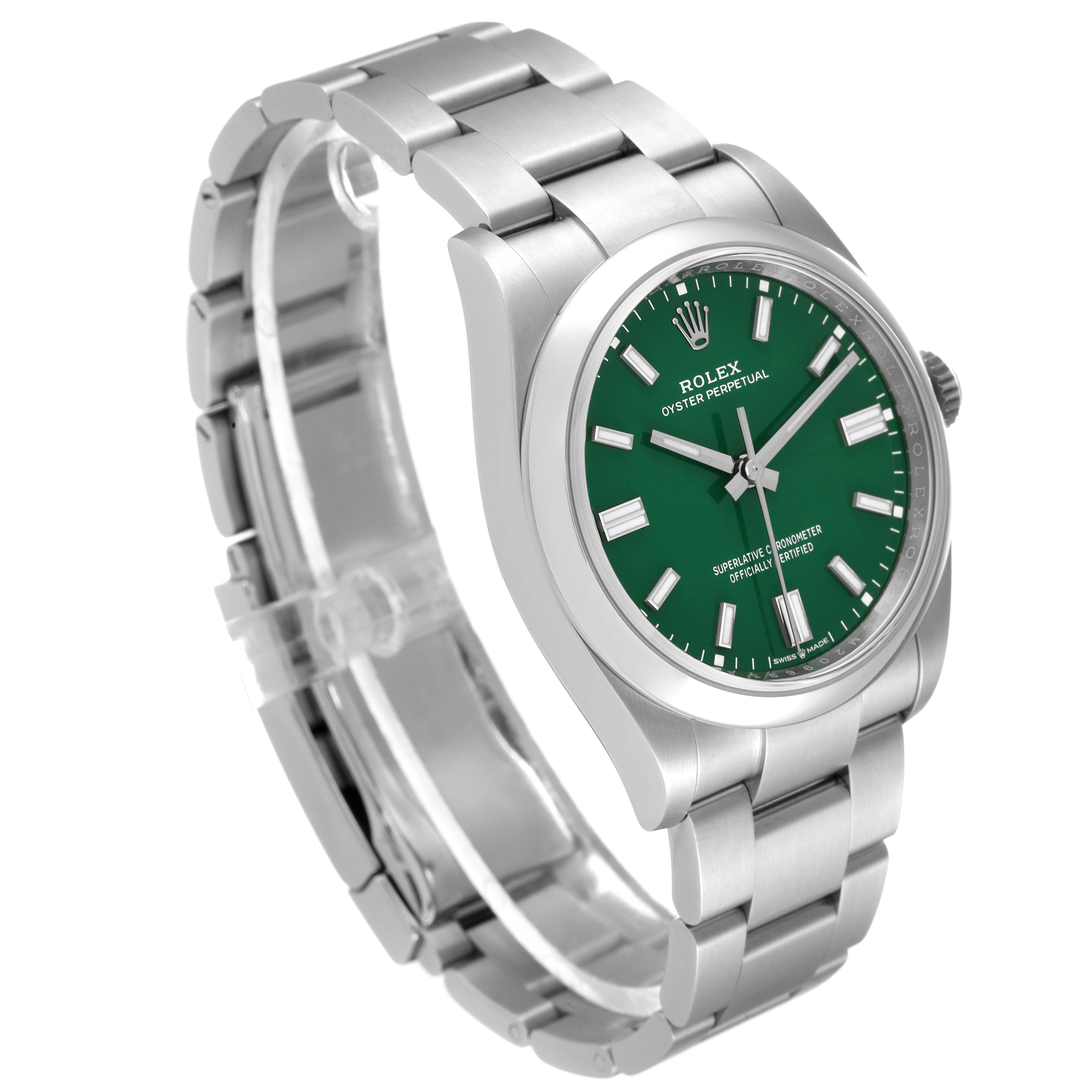 The image shows a Rolex Oyster Perpetual 126000 Men's Stainless Steel Green Dial 126000 Men's Stainless Steel Green Dial watch from an angled side view, highlighting its green dial and stainless steel bracelet.