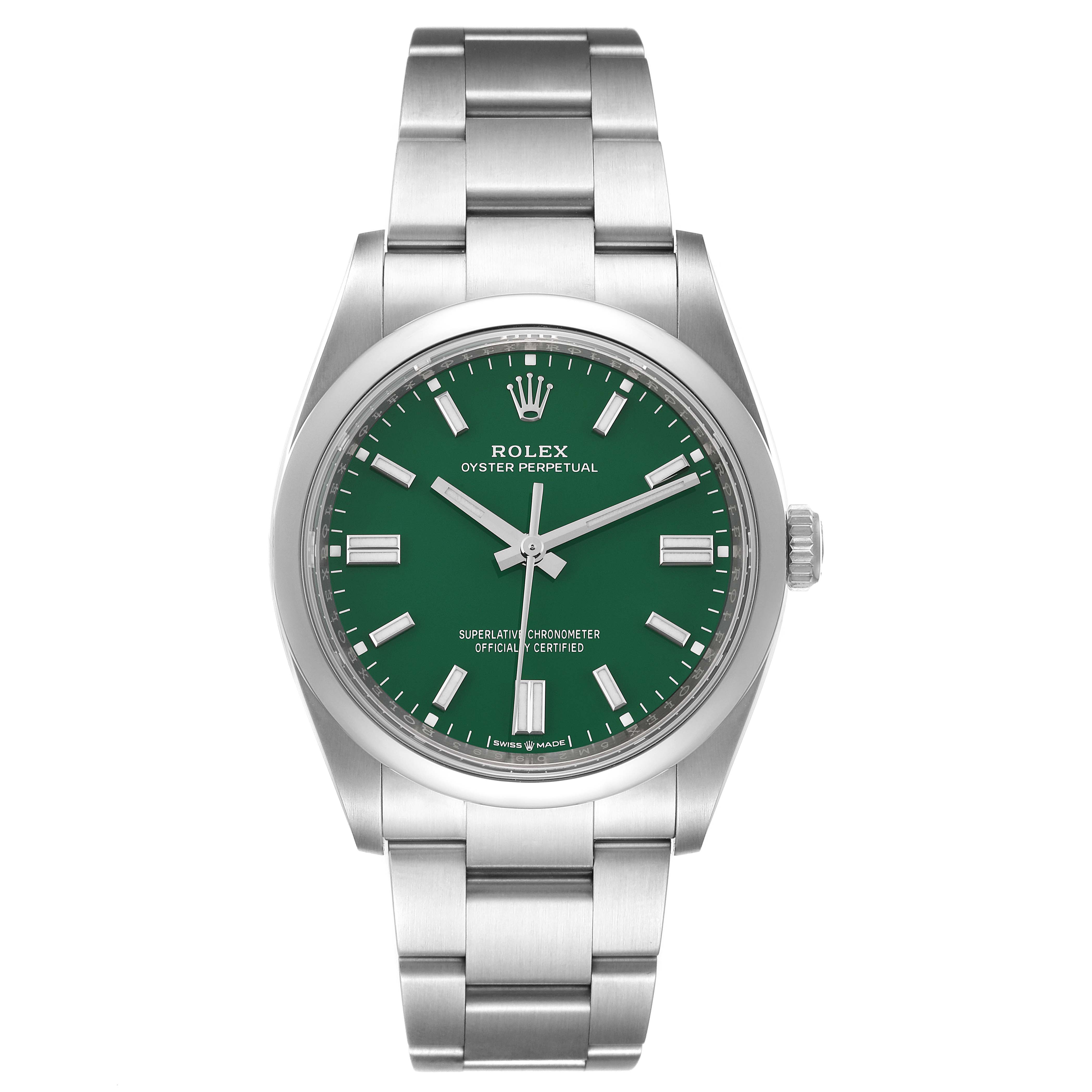 This is a front view of the Rolex Oyster Perpetual 126000 Men's Stainless Steel Green Dial 126000 Men's Stainless Steel Green Dial watch, showing the face, bezel, and bracelet.