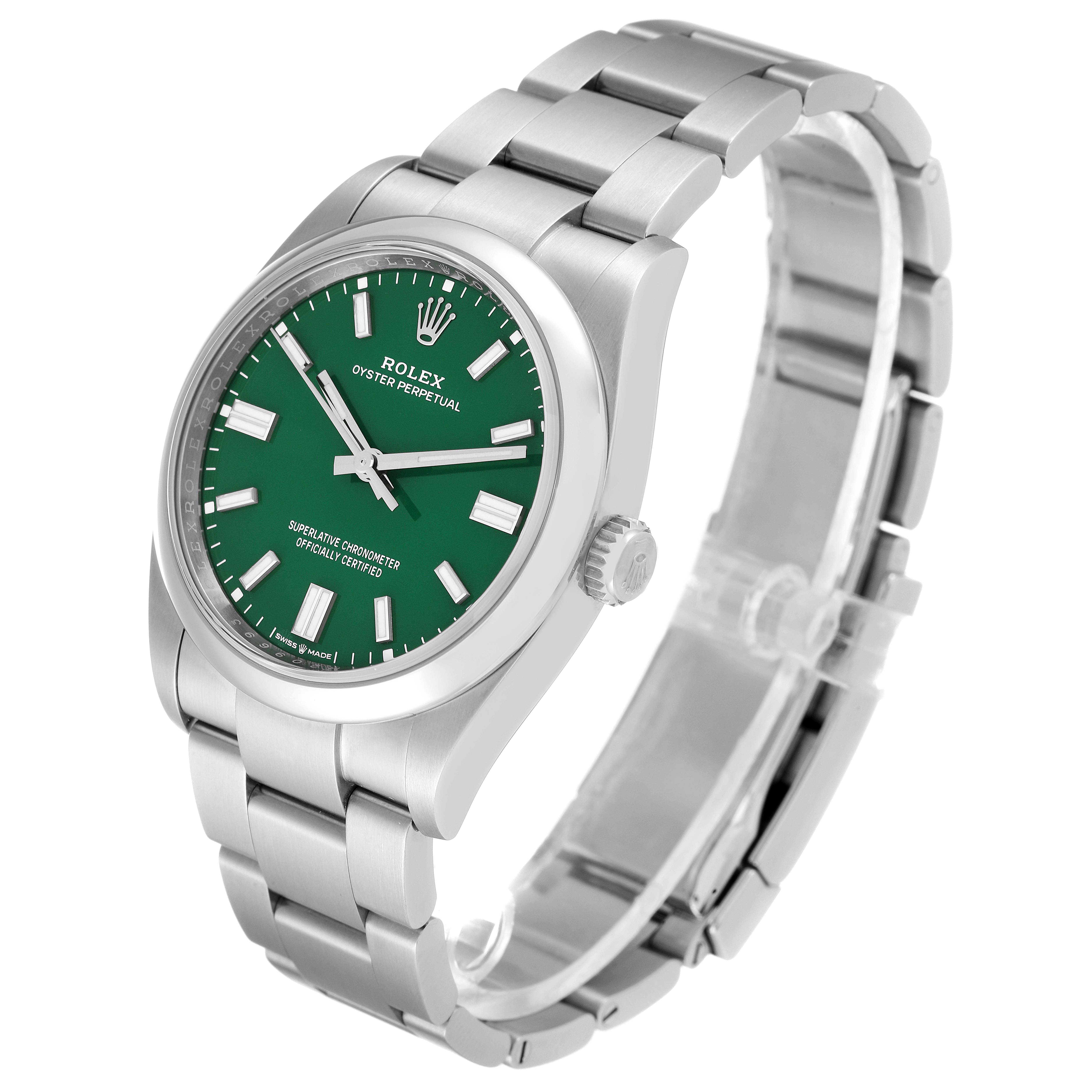 The image shows a Rolex Oyster Perpetual 126000 Men's Stainless Steel Green Dial 126000 Men's Stainless Steel Green Dial watch at an angled side view, showcasing the band, case, crown, and green dial.