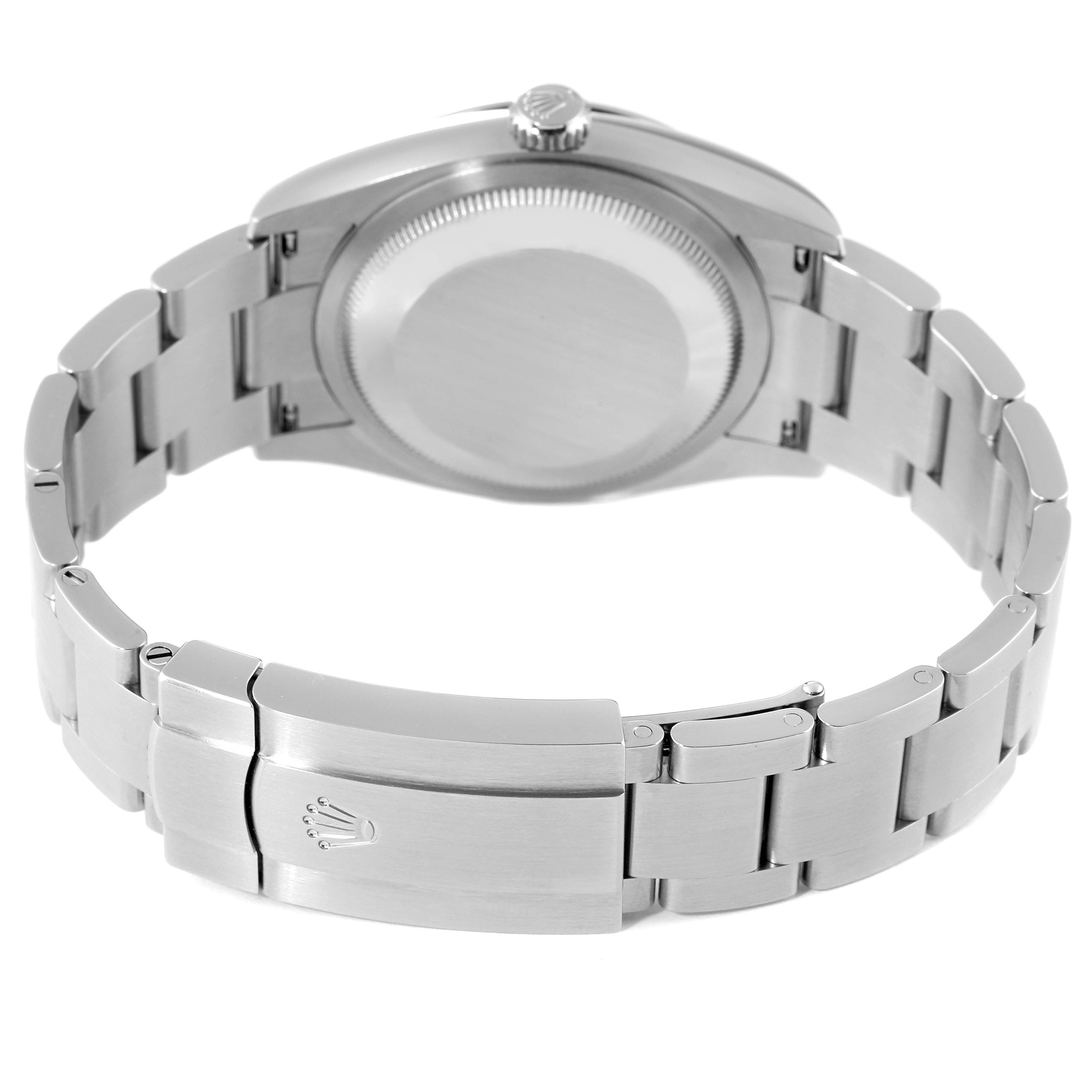 The image shows the back and clasp of the Rolex Oyster Perpetual 126000 Men's Stainless Steel Green Dial 126000 Men's Stainless Steel Green Dial watch from a slightly elevated rear angle.