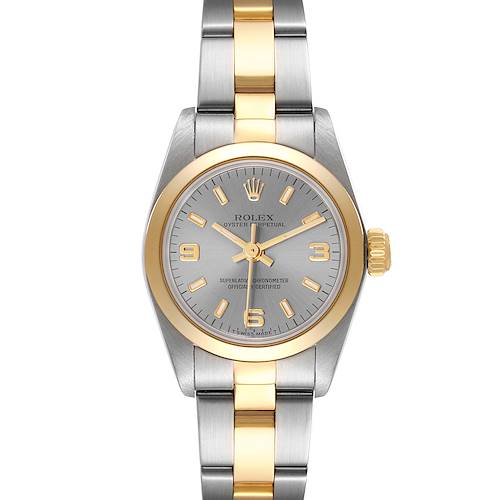 This image shows a front view of the Rolex Oyster Perpetual 67183 Women's Steel and Gold (two tone) Grey Dial 67183 Women's Steel and Gold (two tone) Grey Dial watch, displaying its face, bezel, and bracelet.