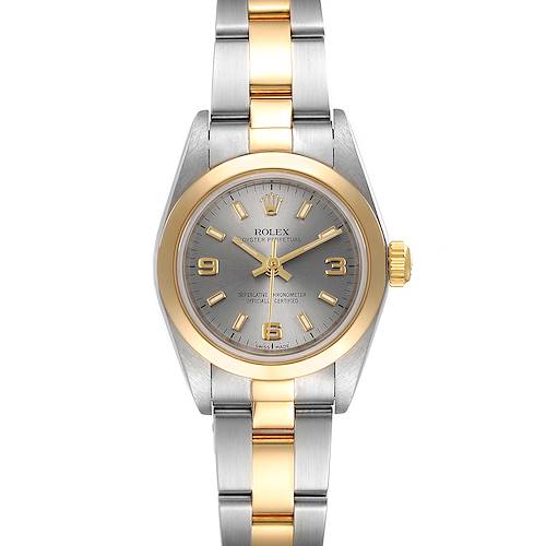 The Rolex Oyster Perpetual 76183 Women's Steel and Gold (two tone) Grey Dial 76183 Women's Steel and Gold (two tone) Grey Dial watch is shown from a top-down view, featuring its dial, bezel, and bi-color bracelet.