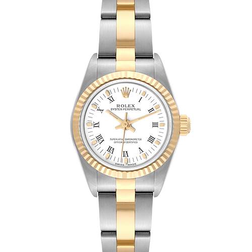 This image shows a front view of a Rolex Oyster Perpetual 76193 Women's Steel and Gold (two tone) White Dial 76193 Women's Steel and Gold (two tone) White Dial watch, highlighting the gold and silver bracelet and bezel.