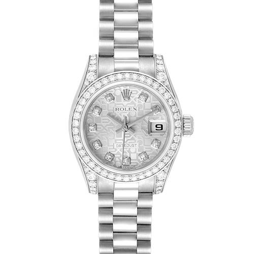 The image shows a Rolex President 179159 Women's White Gold Silver Dial 179159 Women's White Gold Silver Dial model watch, displaying the face, bezel, and part of the bracelet from a top-down view.