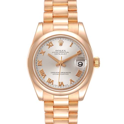 This Rolex President 178245 Women's Rose Gold Silver Dial 178245 Women's Rose Gold Silver Dial model watch is shown from a front angle, highlighting its dial, bezel, bracelet, and crown.