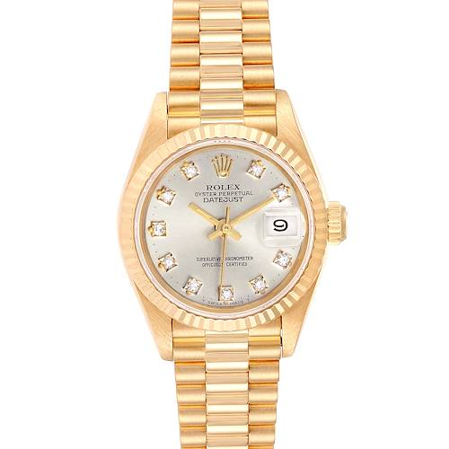 The image shows a Rolex President 69178 Women's Yellow Gold Silver Dial 69178 Women's Yellow Gold Silver Dial Oyster Perpetual Datejust watch with a gold bracelet, bezel, crown, and diamond hour markers.
