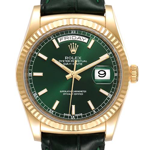 This image shows a front view of a Rolex President 118138 Men's Yellow Gold Green Dial 118138 Men's Yellow Gold Green Dial watch with a gold case, green dial, and black leather strap.