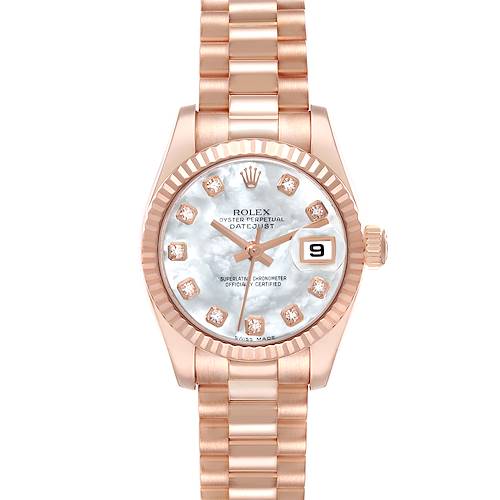 This image shows a front view of the Rolex President 179175F Women's Rose Gold Mother of Pearl Dial 179175F Women's Rose Gold Mother of Pearl Dial model watch, featuring the dial, bezel, bracelet, hands, and date window.