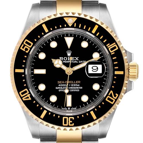 The image shows a front view of the Rolex Sea-Dweller 126603 Men's Steel and Gold (two tone) Black Dial 126603 Men's Steel and Gold (two tone) Black Dial watch, highlighting the face, bezel, crown, and part of the band.