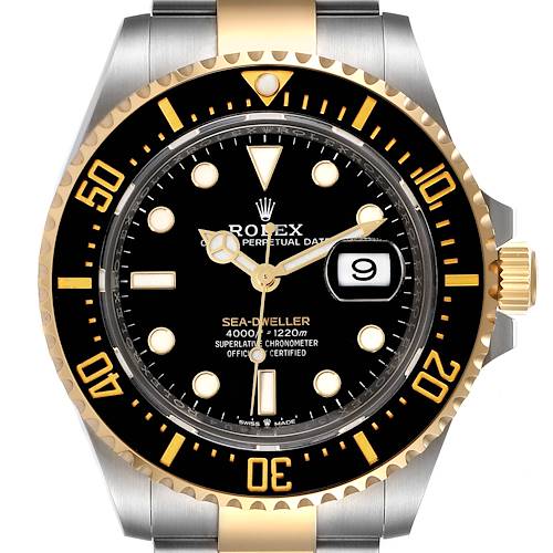 The image shows a front view of a Rolex Sea-Dweller 126603 Men's Steel and Gold (two tone) Black Dial 126603 Men's Steel and Gold (two tone) Black Dial, highlighting the dial, bezel, and part of the bracelet.