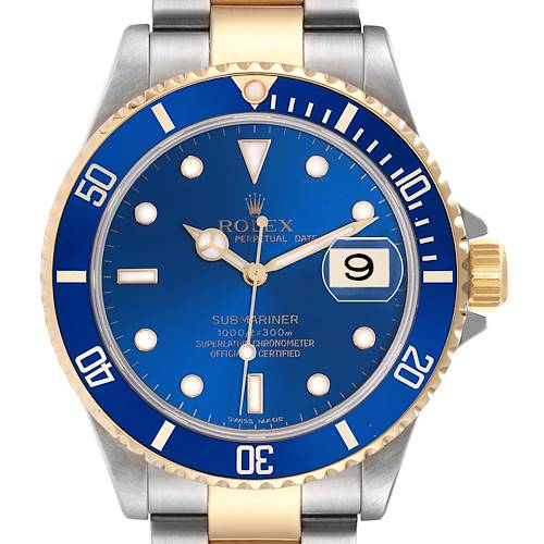 The Rolex Submariner 16613 Men's Steel and Gold (two tone) Blue Dial 16613 Men's Steel and Gold (two tone) Blue Dial watch is shown from a frontal angle, highlighting the blue dial, date window, bezel, and two-tone bracelet.