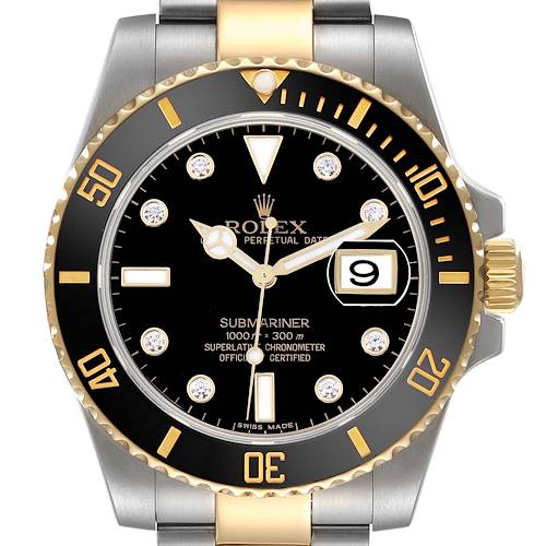 The Rolex Submariner 116613 Men's Steel and Gold (two tone) Black Dial 116613 Men's Steel and Gold (two tone) Black Dial is shown from a front angle, highlighting the bezel, dial, hands, and crown.
