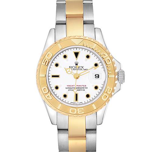 The Rolex Yacht-Master 69623 Women's Steel and Gold (two tone) White Dial 69623 Women's Steel and Gold (two tone) White Dial watch is shown from the front, highlighting its gold bezel, white dial, and two-tone bracelet.