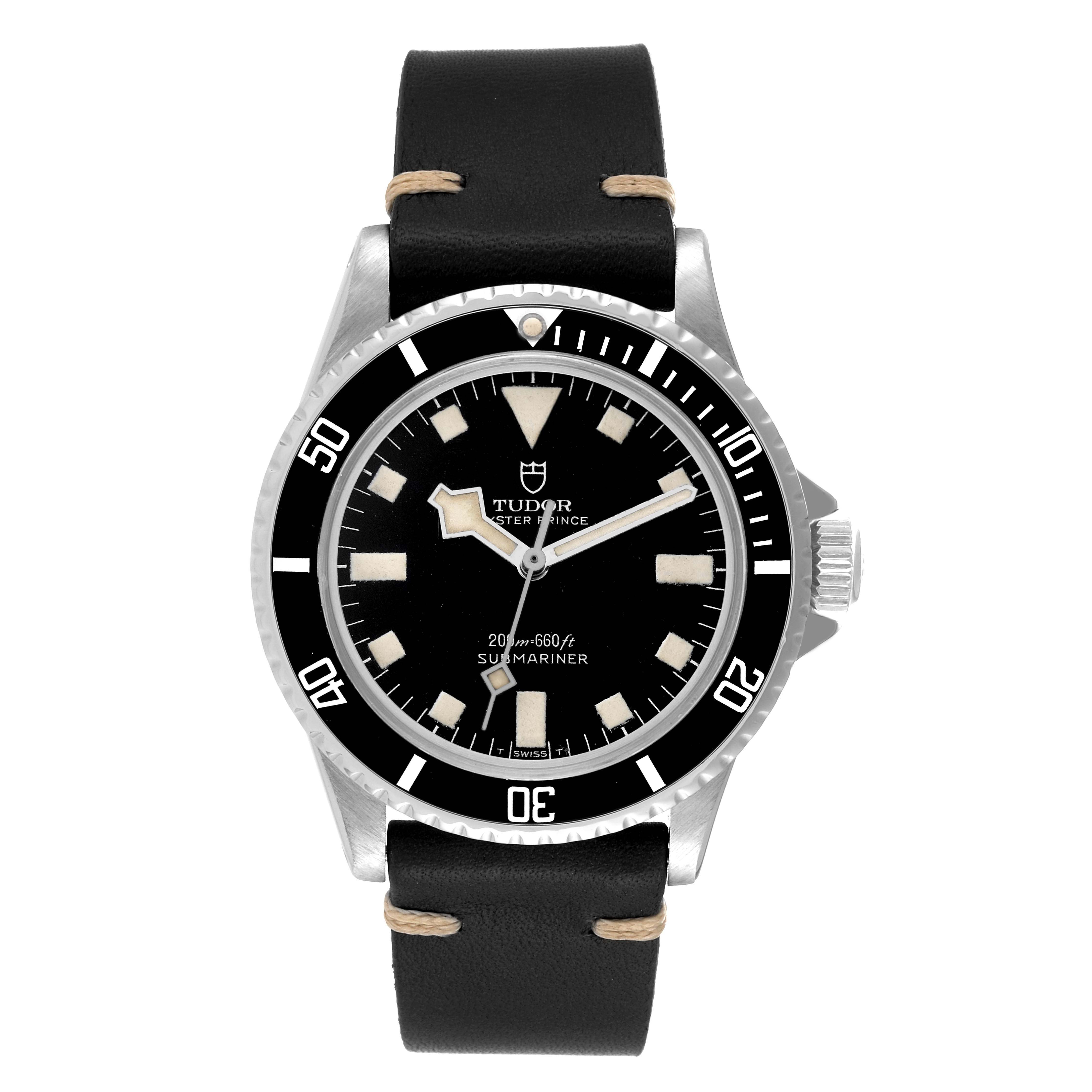 The image shows a front view of a Tudor Submariner 7016 Men's Stainless Steel Black Dial 7016 Men's Stainless Steel Black Dial watch with a black dial, black bezel, and black leather strap.