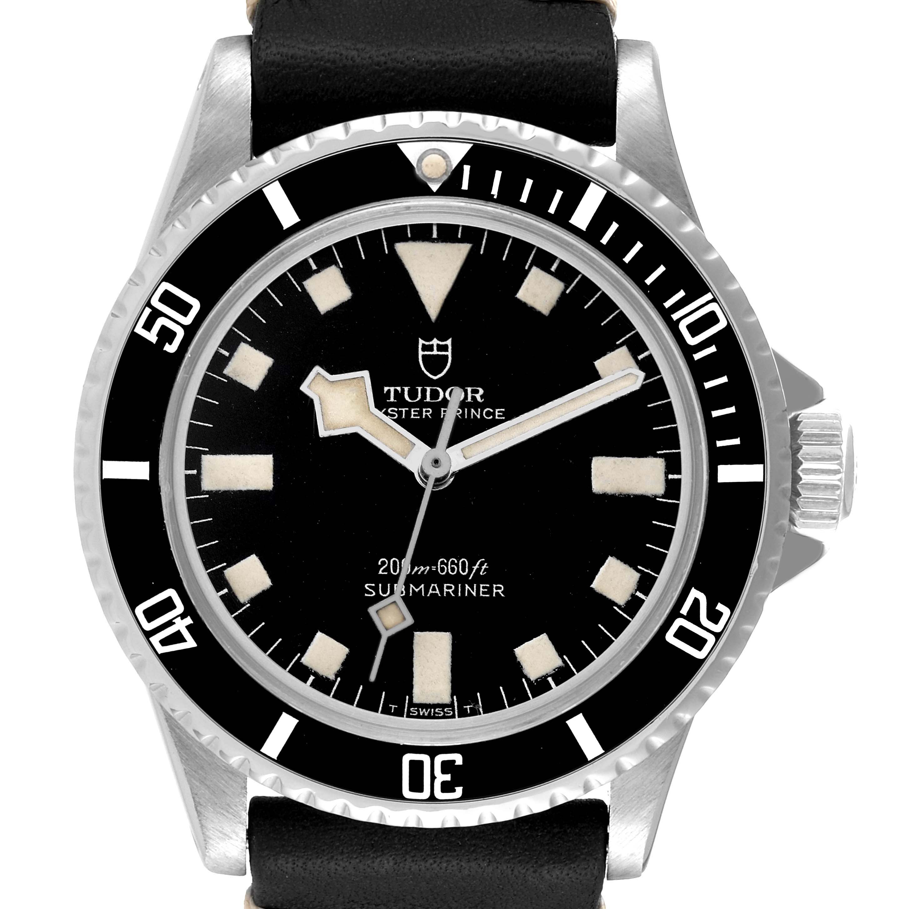 This image shows a front view of the Tudor Submariner 7016 Men's Stainless Steel Black Dial 7016 Men's Stainless Steel Black Dial watch, highlighting the dial, bezel, hands, and crown.
