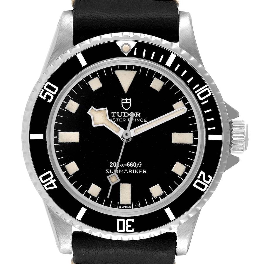 This image shows a front view of the Tudor Submariner 7016 Men's Stainless Steel Black Dial 7016 Men's Stainless Steel Black Dial watch, highlighting the dial, bezel, hands, and crown.