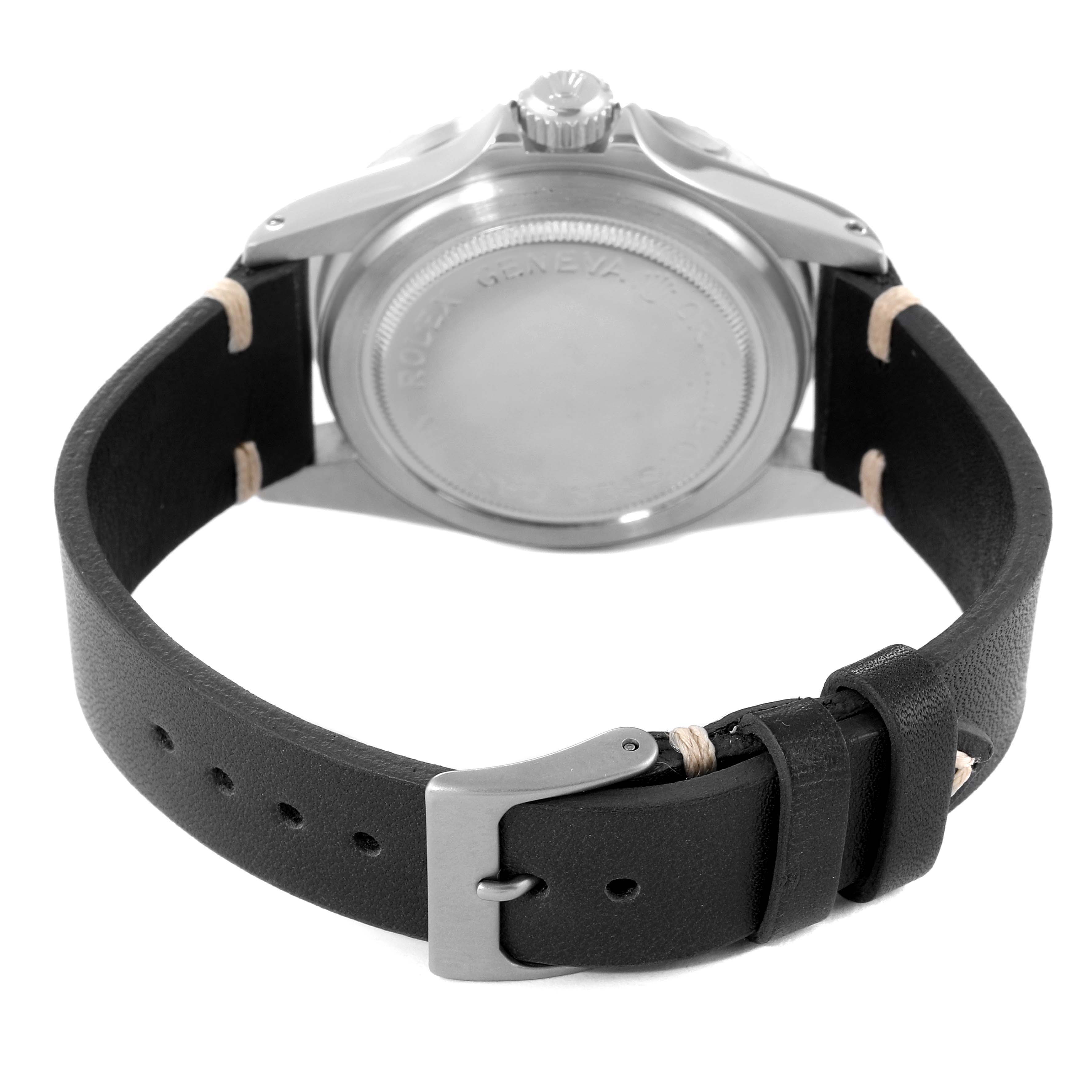 The image shows the rear view of a Tudor Submariner 7016 Men's Stainless Steel Black Dial 7016 Men's Stainless Steel Black Dial watch, highlighting its case back and black leather strap with a buckle.