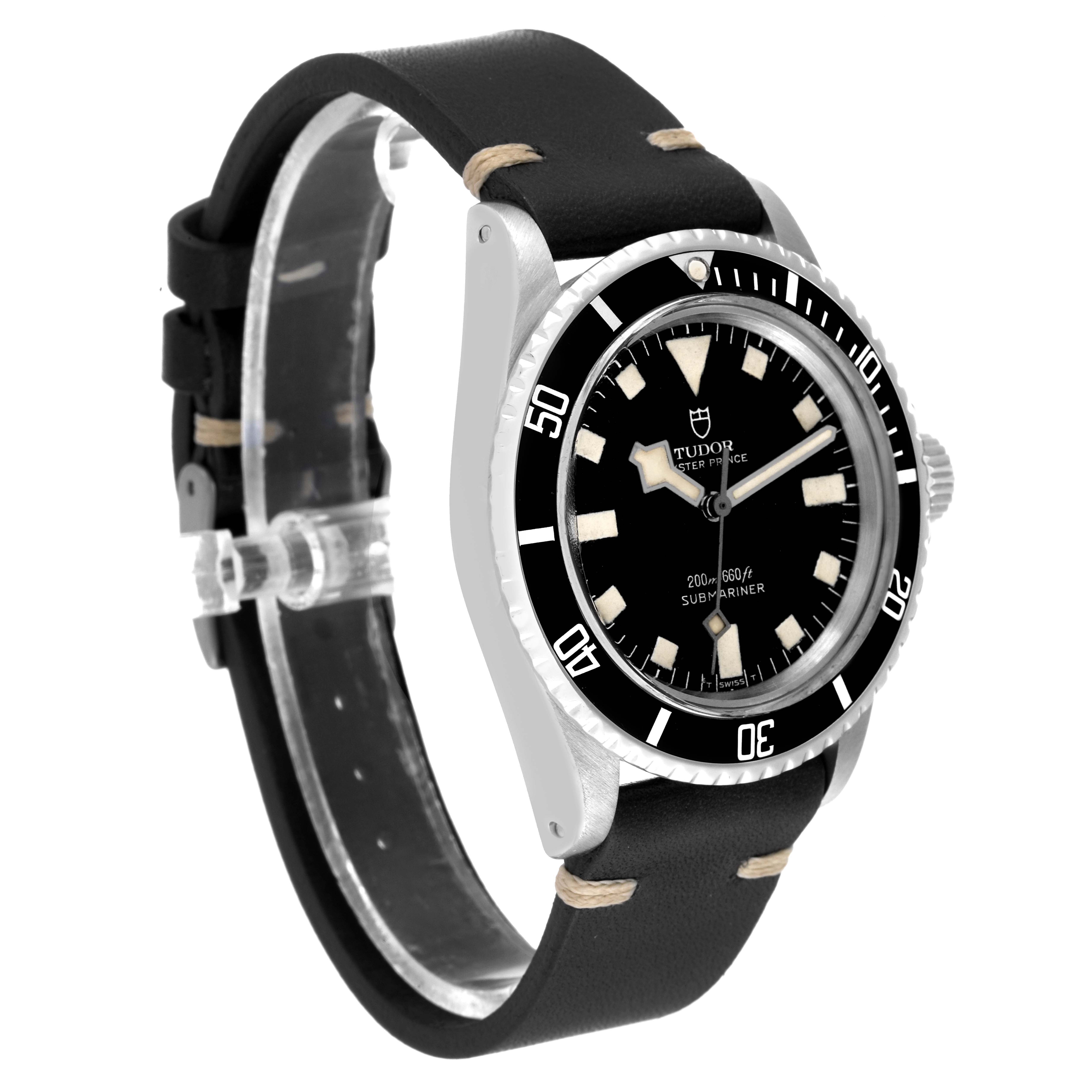 The image shows a Tudor Submariner 7016 Men's Stainless Steel Black Dial 7016 Men's Stainless Steel Black Dial watch from an angled side view, highlighting the watch face, bezel, and leather strap.