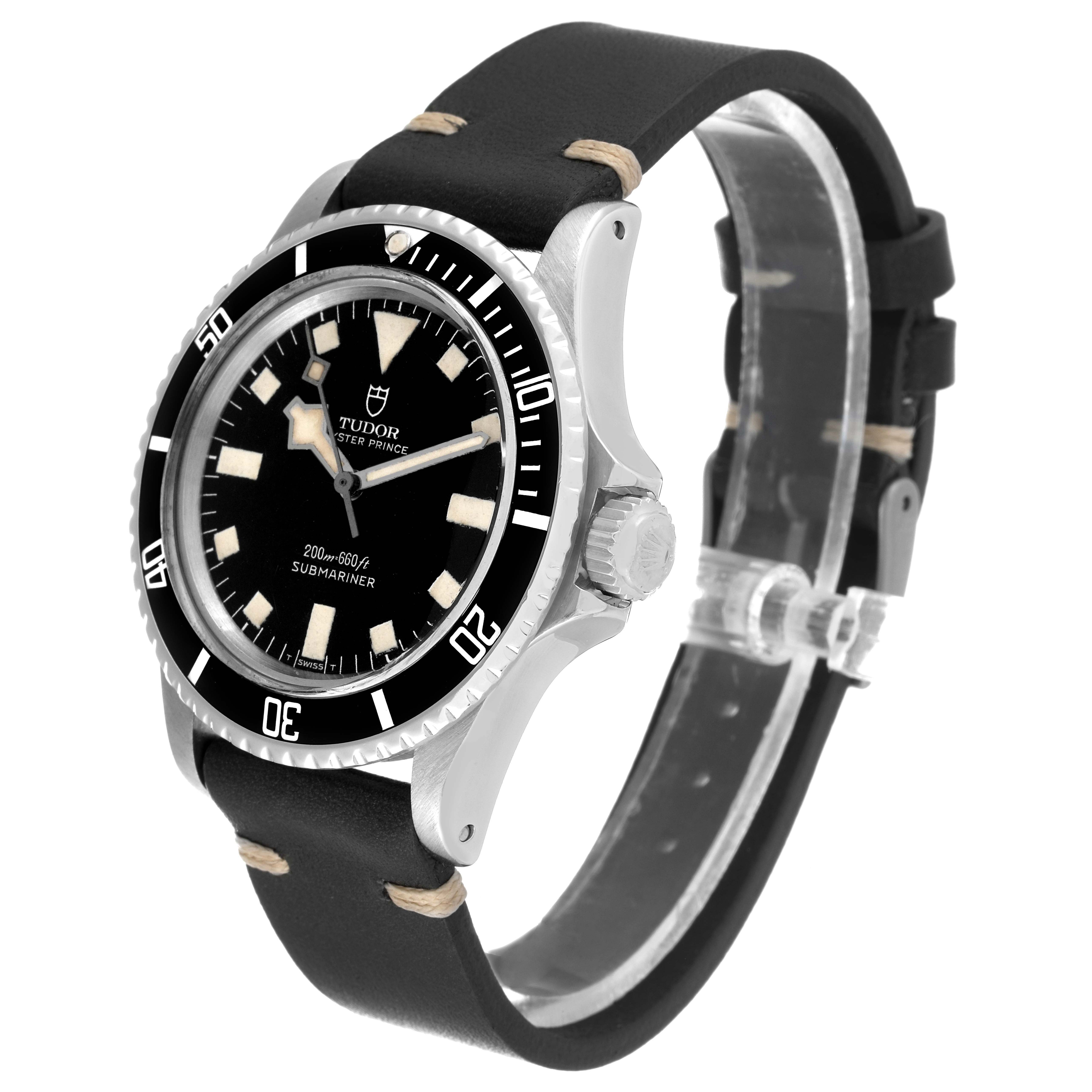 The image shows a Tudor Submariner 7016 Men's Stainless Steel Black Dial 7016 Men's Stainless Steel Black Dial watch angled to display the face, bezel, case, and part of the strap.