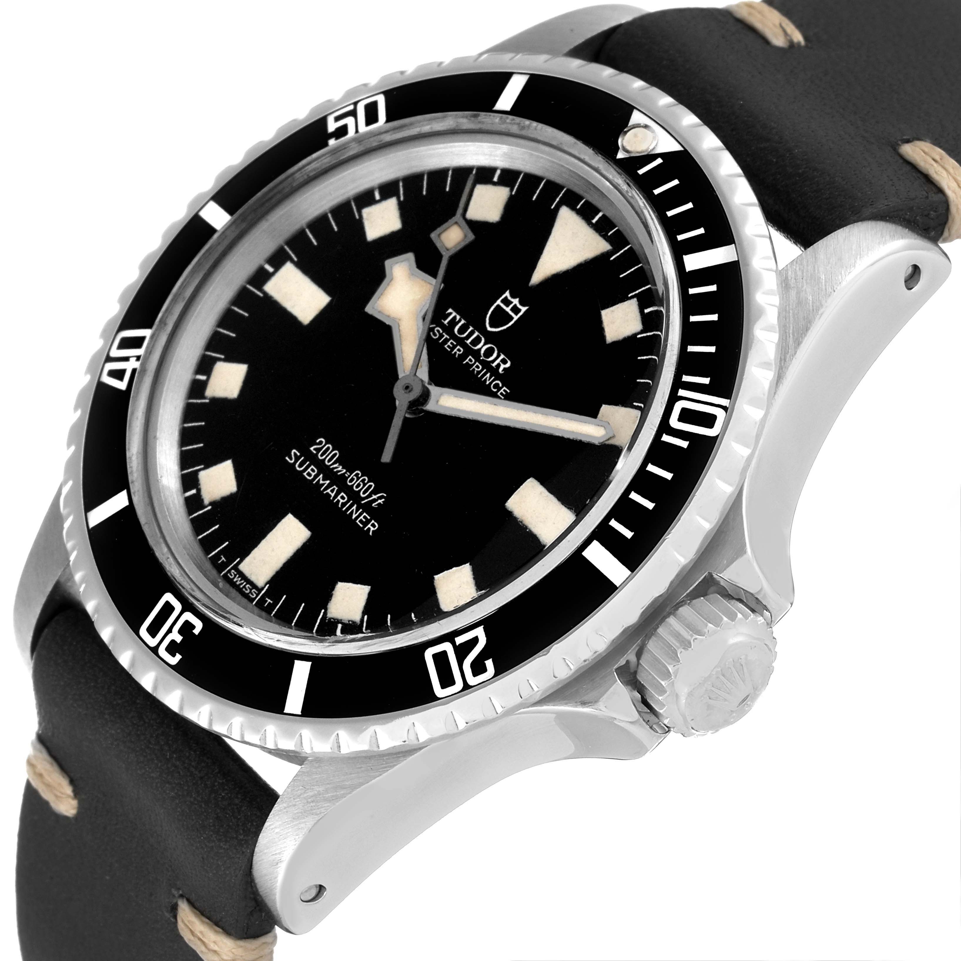 This image shows a Tudor Submariner 7016 Men's Stainless Steel Black Dial 7016 Men's Stainless Steel Black Dial watch from an angled side view, displaying the bezel, crown, and part of the strap.