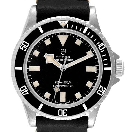 The Tudor Submariner 7016 Men's Stainless Steel Black Dial 7016 Men's Stainless Steel Black Dial watch is shown from a front angle, highlighting its dial, bezel, case, crown, and part of the strap.