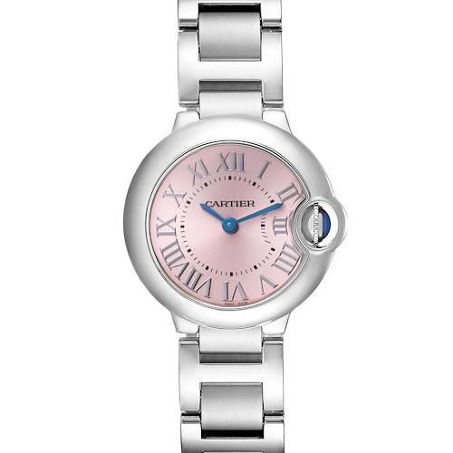 The Cartier Ballon Bleu 72027 Women's Stainless Steel Pink Dial 72027 Women's Stainless Steel Pink Dial watch is shown from the front, highlighting its pink dial, Roman numerals, blue hands, and stainless steel bracelet.