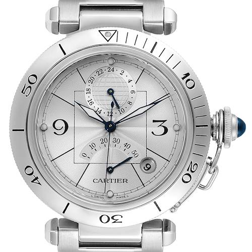 The image shows a close-up view of a Cartier Pasha W31037H3 Men's Stainless Steel Silver Dial W31037H3 Men's Stainless Steel Silver Dial watch, highlighting the dial, bezel, and crown.