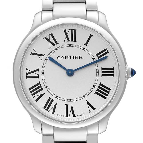 The Cartier Ronde WSRN0034 Men's Stainless Steel Silver Dial WSRN0034 Men's Stainless Steel Silver Dial watch is shown from the front, highlighting its face, Roman numerals, and blue hands.