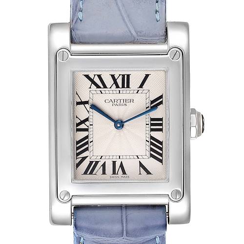 This image shows a front view of a Cartier Tank A Vis W1539951P Men's Platinum Silver Dial W1539951P Men's Platinum Silver Dial watch, featuring its rectangular face, Roman numerals, and leather strap.
