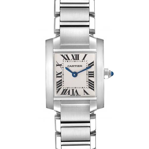 The image shows a front view of the Cartier Tank Francaise W51008Q3 Women's Stainless Steel Silver Dial W51008Q3 Women's Stainless Steel Silver Dial watch, highlighting its rectangular face, Roman numerals, and metal bracelet.