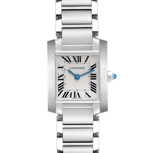 The Cartier Tank Française watch is shown from the front, including the dial, Roman numerals, and metal bracelet.