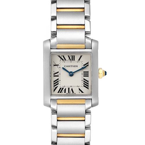 The image shows a front view of a Cartier Tank Francaise W51007Q4 Women's Steel and Gold (two tone) Silver Dial W51007Q4 Women's Steel and Gold (two tone) Silver Dial watch, displaying the dial, hands, and part of the bracelet.