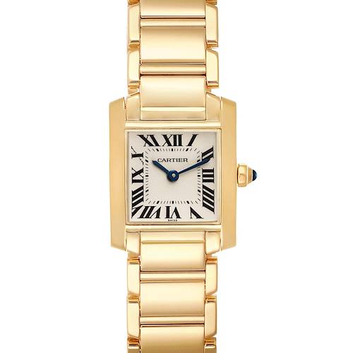 This image shows a front view of the Cartier Tank Francaise W50002N2 Women's Yellow Gold Silver Dial W50002N2 Women's Yellow Gold Silver Dial watch, highlighting its gold bracelet and rectangular face.
