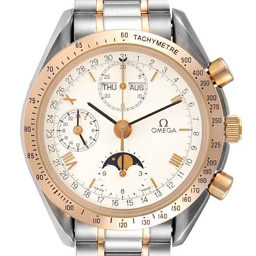The image shows a front view of the Omega Speedmaster 3330.20.00 Men's Steel and Gold (two tone) White Dial 3330.20.00 Men's Steel and Gold (two tone) White Dial watch, highlighting its face, bezel, and metal bracelet.