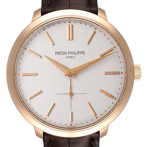 This image shows a front view of a Calatrava model Patek Philippe watch, highlighting its dial, hands, and crown.
