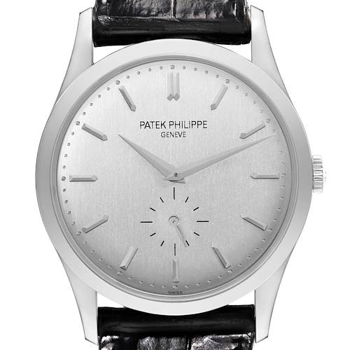 The image shows a frontal view of a Patek Philippe Calatrava 5196G Men's White Gold Silver Dial 5196G Men's White Gold Silver Dial watch with a silver dial and a black leather strap.