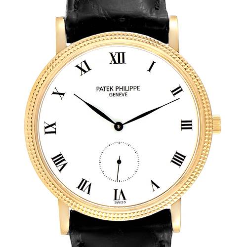 The image shows a frontal view of the Patek Philippe Calatrava 3919J Men's Yellow Gold White Dial 3919J Men's Yellow Gold White Dial watch, highlighting its gold casing, embossed bezel, white dial, and black leather strap.