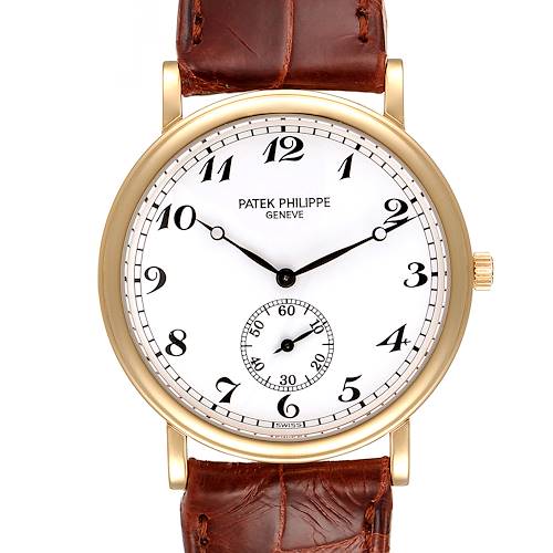 The image shows a Patek Philippe Calatrava 5022 Men's Yellow Gold White Dial 5022 Men's Yellow Gold White Dial watch from a front angle, highlighting the dial, hands, numerals, and brown leather strap.