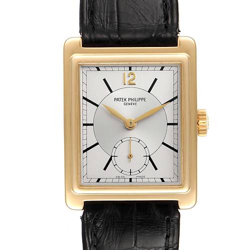 This is a frontal view of the Patek Philippe Gondolo 5010J Men's Yellow Gold Silver Dial 5010J Men's Yellow Gold Silver Dial watch, showcasing its rectangular dial and black leather strap.