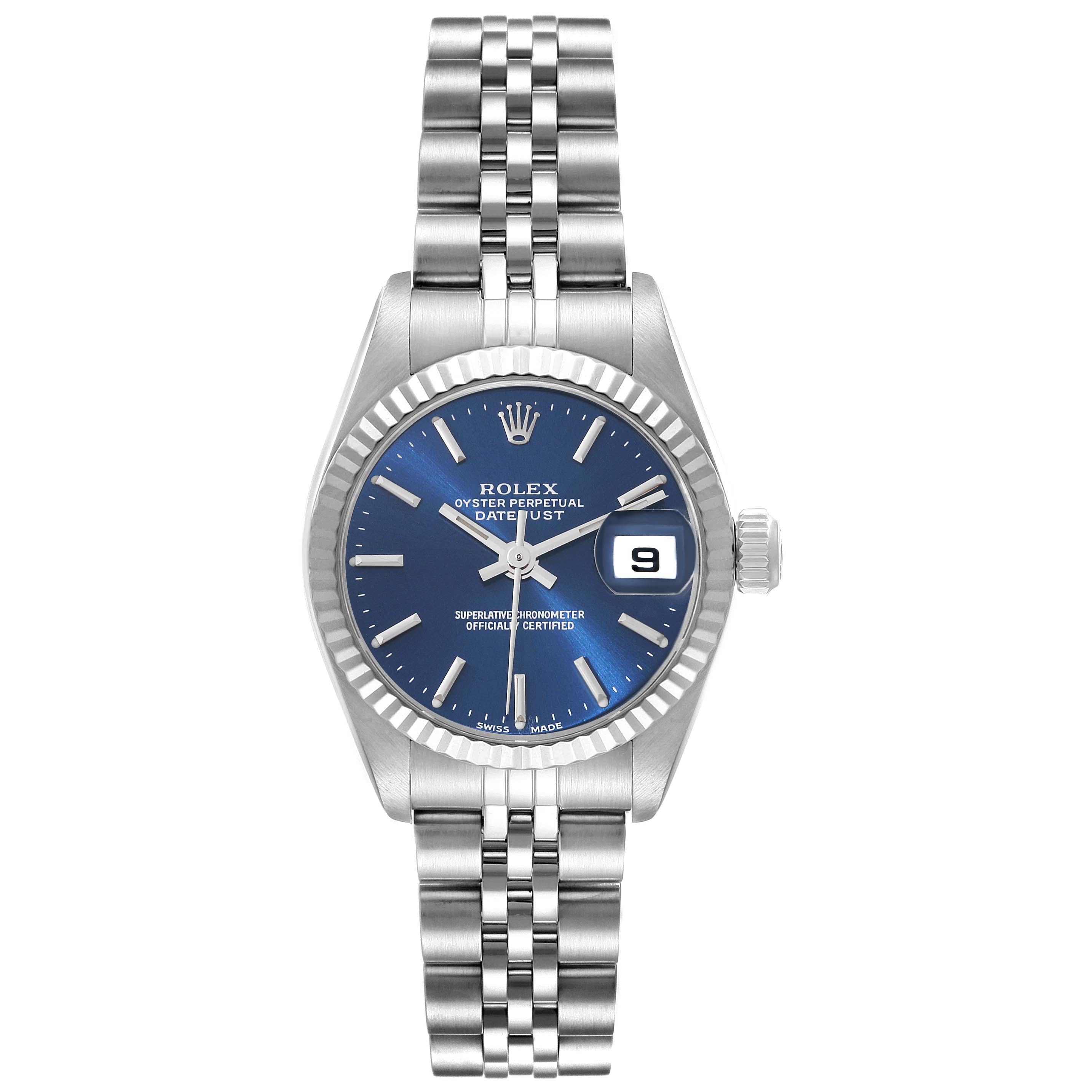The Rolex Datejust 79174 Women's Stainless Steel Blue Dial 79174 Women's Stainless Steel Blue Dial watch shown is at a front angle, displaying its blue dial, fluted bezel, and Jubilee bracelet.