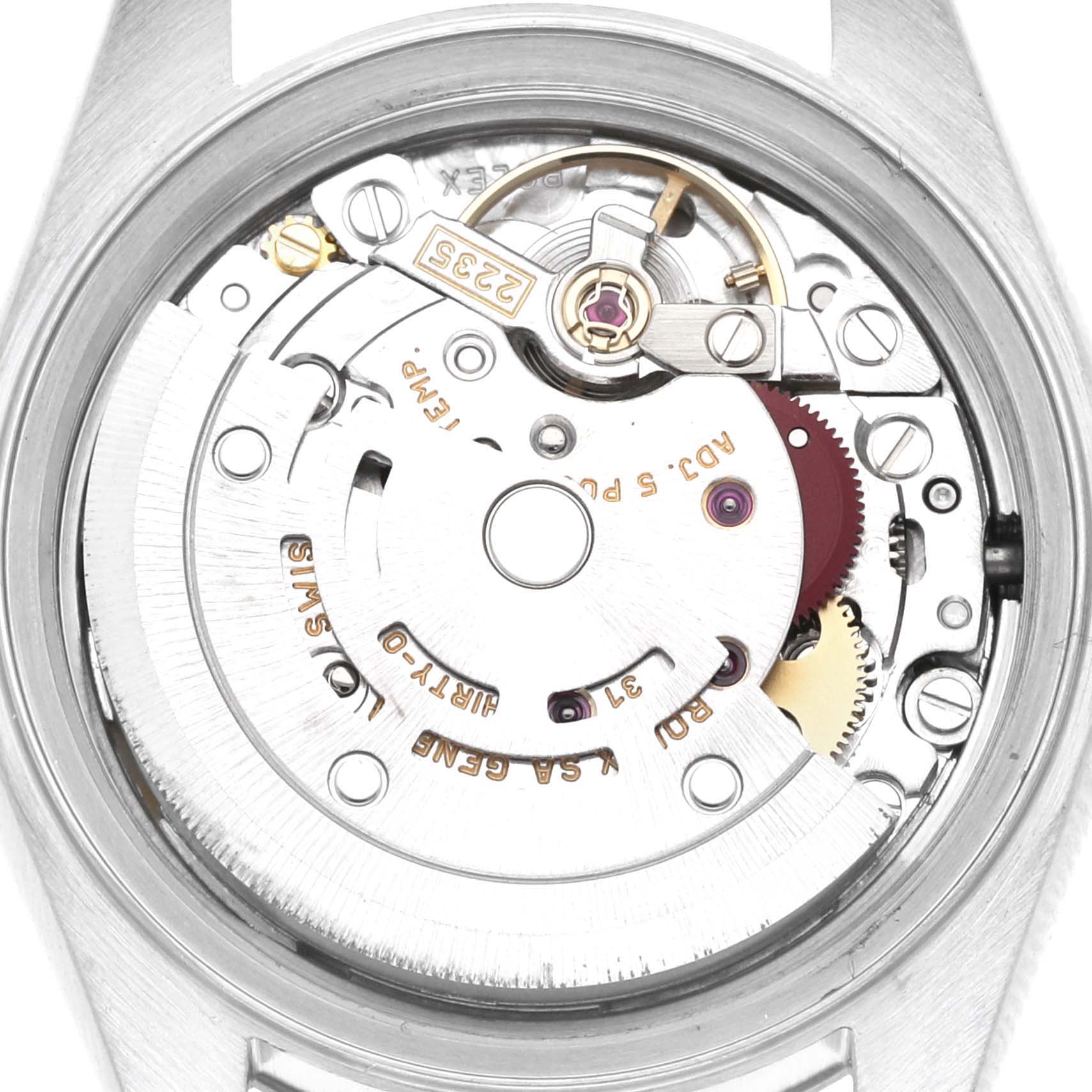 This image shows the internal mechanism and movement of a Rolex Datejust 79174 Women's Stainless Steel Blue Dial 79174 Women's Stainless Steel Blue Dial watch from a rear angle.