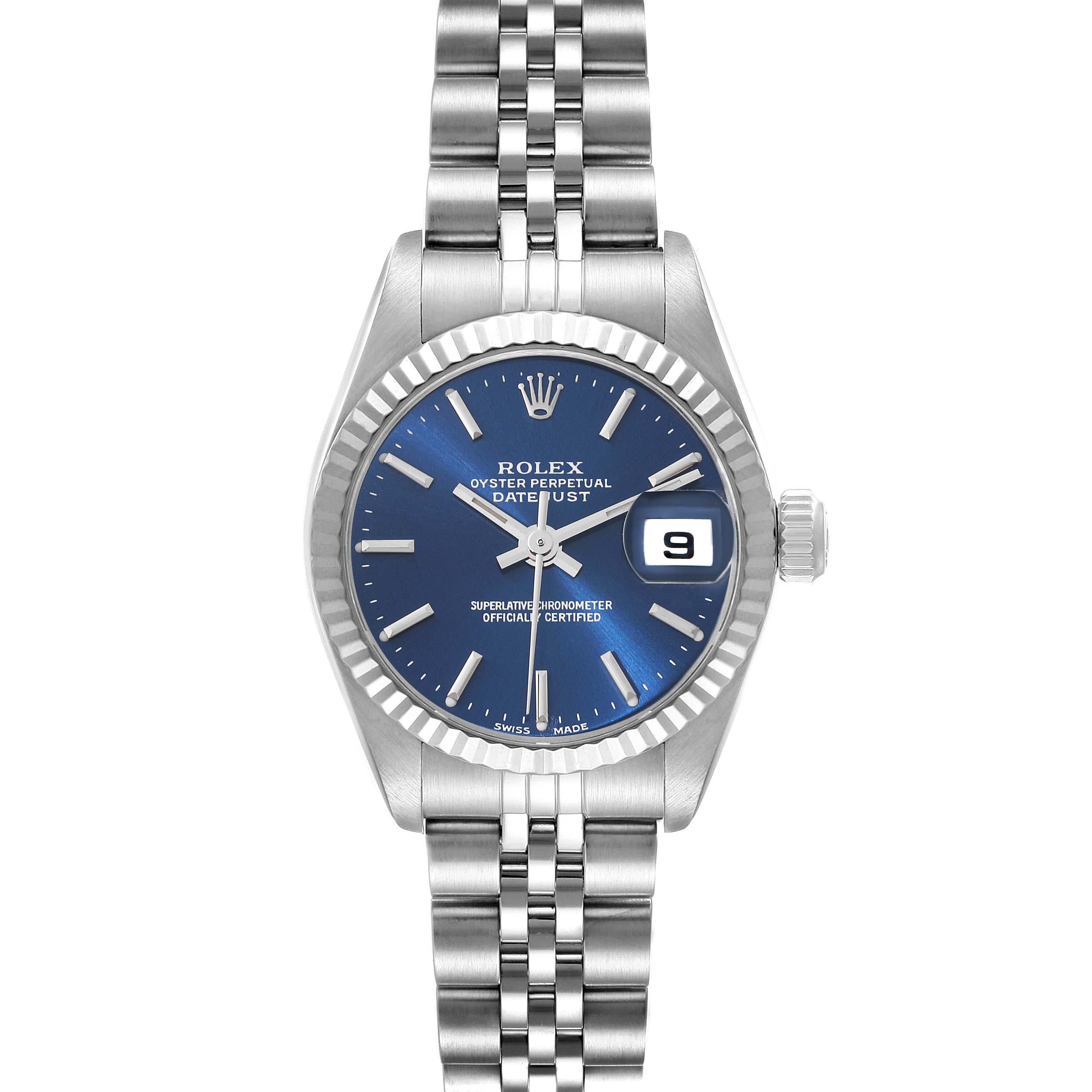 The Rolex Datejust 79174 Women's Stainless Steel Blue Dial 79174 Women's Stainless Steel Blue Dial watch is shown from a front angle, displaying the face, bezel, and part of the bracelet.