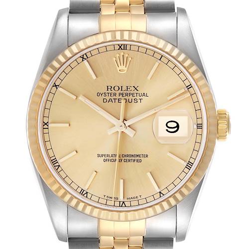 The Rolex Datejust 16233 Men's Steel and Gold (two tone) Champagne Dial 16233 Men's Steel and Gold (two tone) Champagne Dial watch is shown from the front, highlighting its dial, bezel, crown, and part of the band.