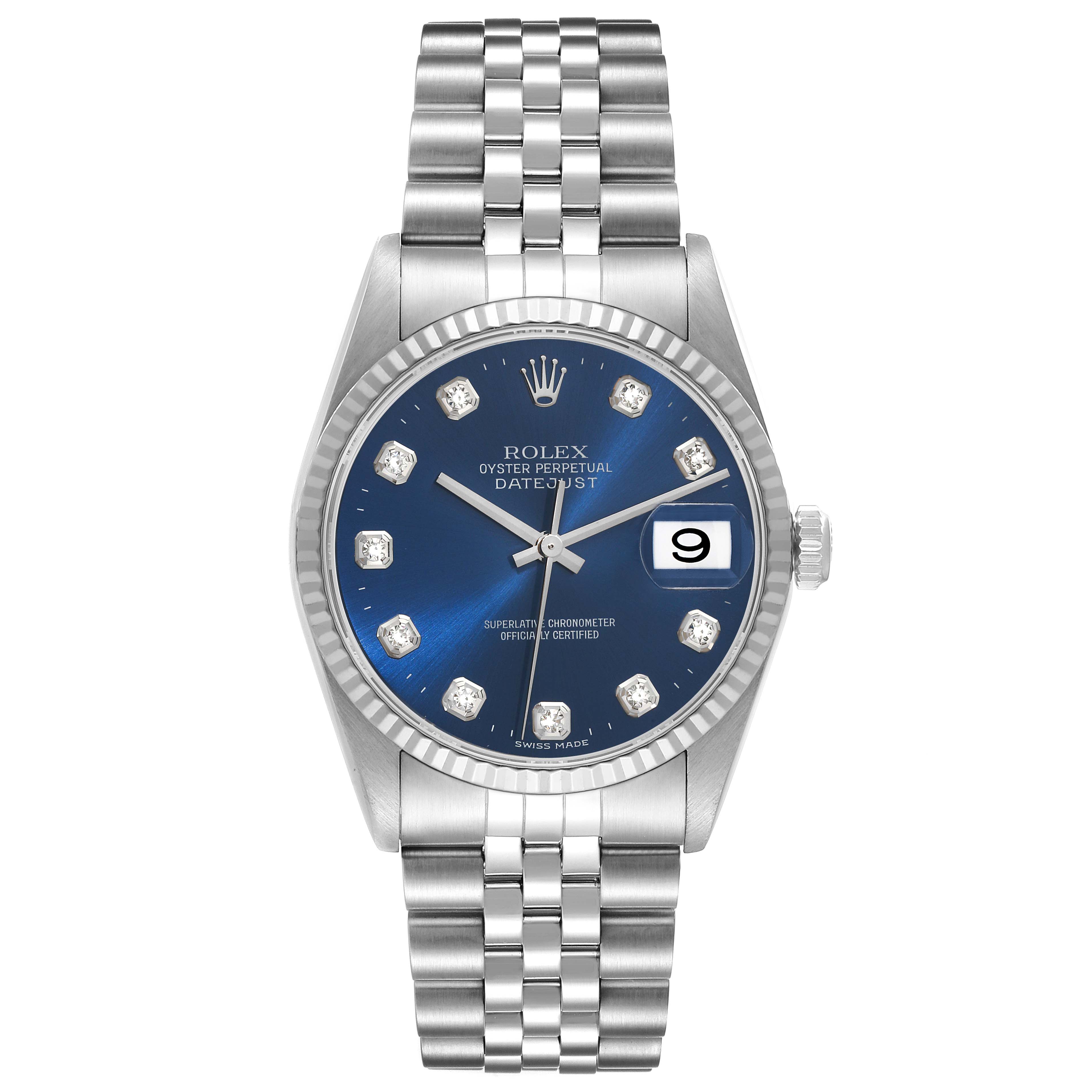 This Rolex Datejust 16234G Men's Stainless Steel Blue Dial 16234G Men's Stainless Steel Blue Dial watch is shown from the front, displaying its blue dial, date window, and metal bracelet.